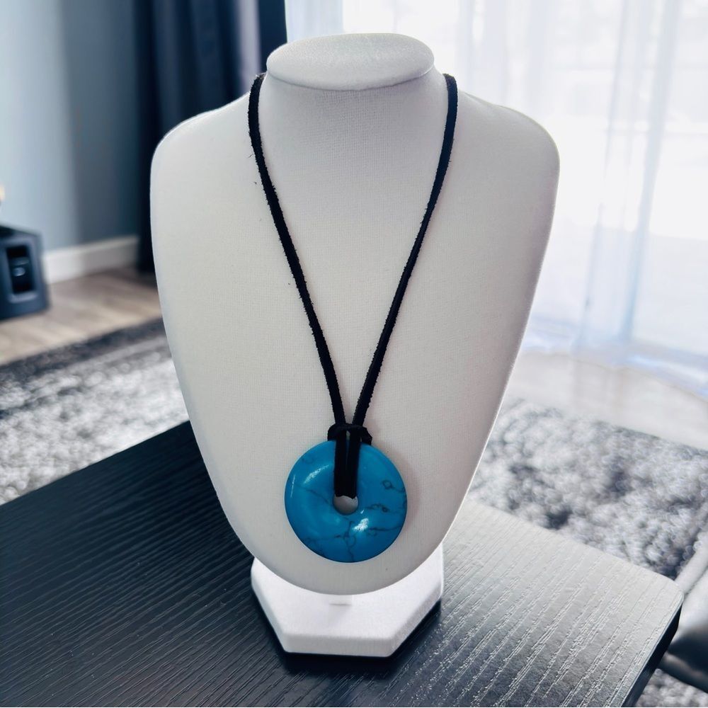 Retro Turquoise Blue Donut Pendant Necklace Black Suede Cord